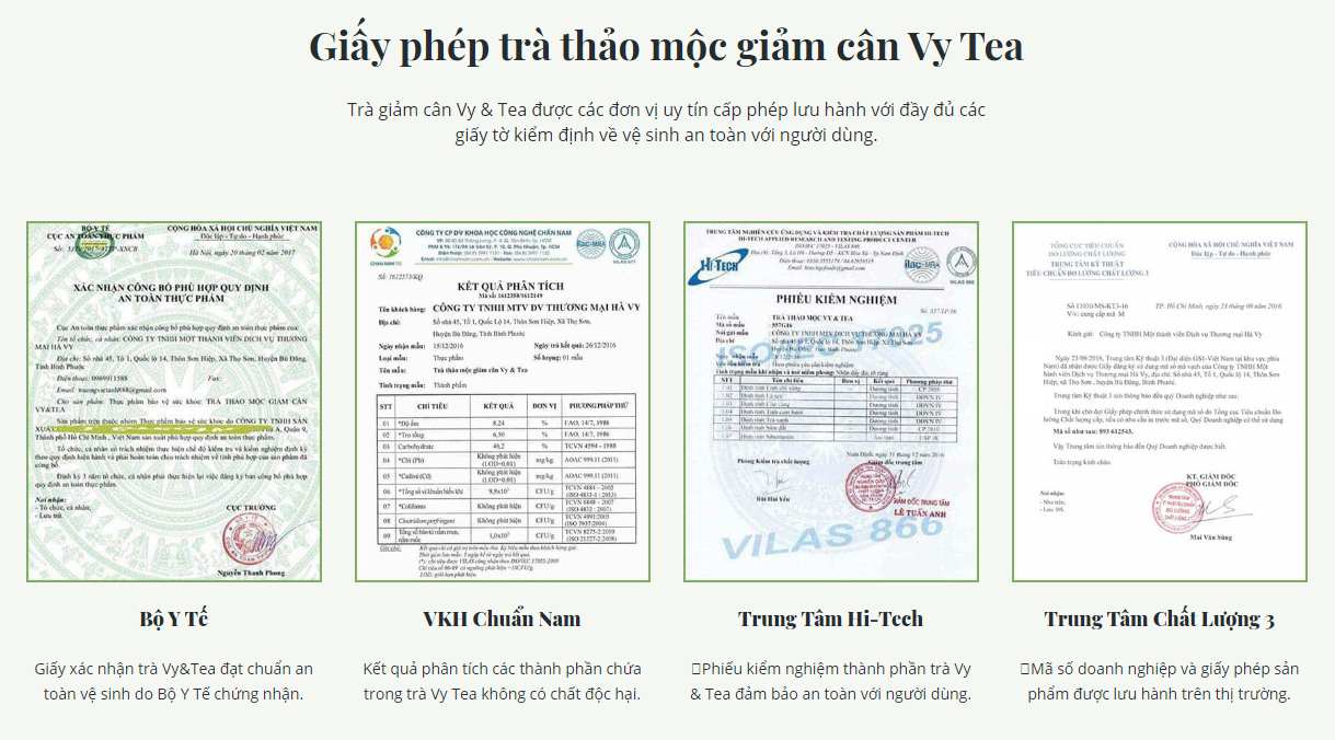 Trà giảm cân Vy Tea có đầy đủ giấy tờ chứng nhận và cấp phép lưu hành.
